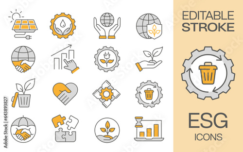 ESG flat icons, such as ecology, environment social governance, sustainability, social factors and more. Editable stroke.