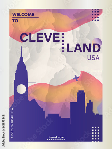 USA Cleveland city poster with abstract shapes of skyline, cityscape, landmarks and attractions. US Ohio state travel vector illustration for brochure, website, page, business presentation