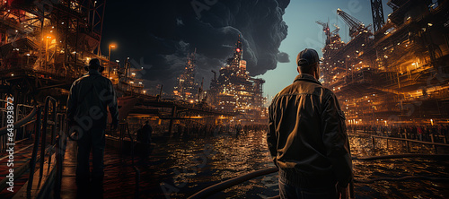 engineer stands on an oil drilling platform amidst the vast sea, working to extract vital resources.Generated with AI photo