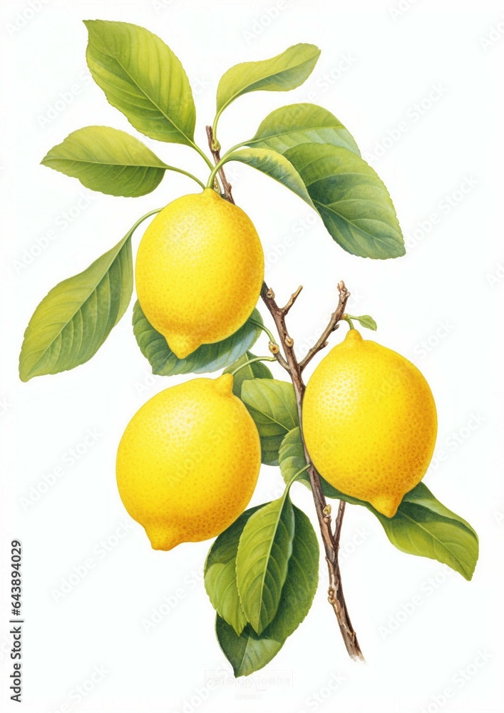 Vibrant still life painting of lemons on a branch with lush green leaves