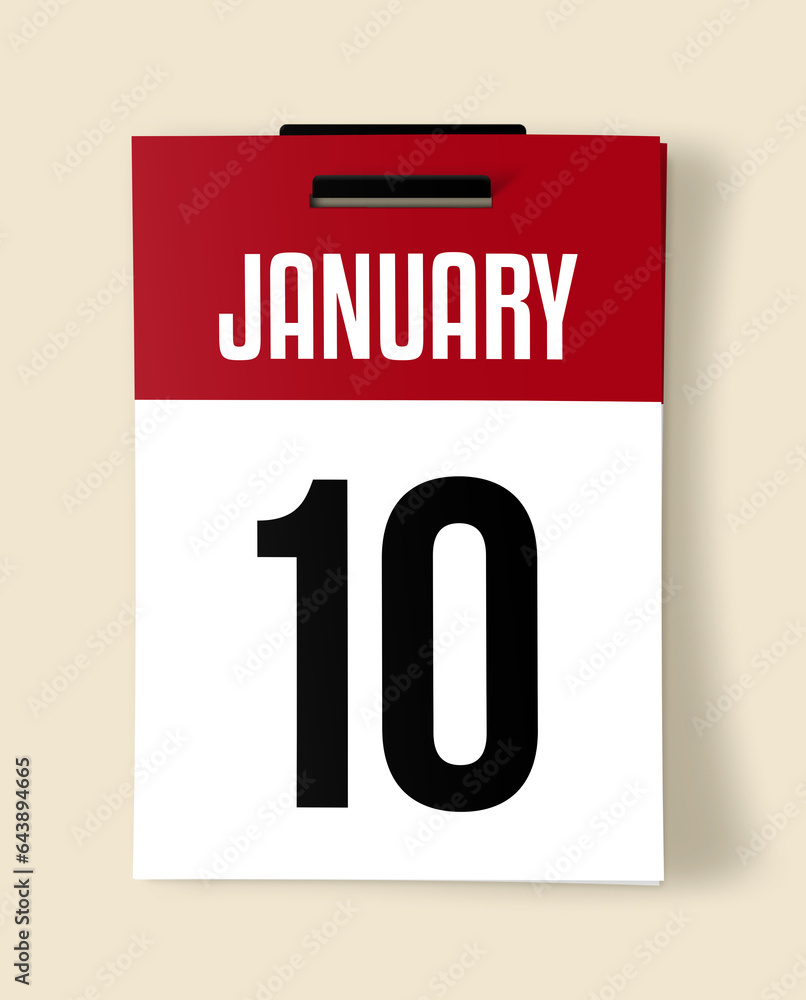 10 January Calendar Date, Realistic calendar sheet hanging on wall
10 January Calendar Date, Realistic calendar sheet hanging on wall