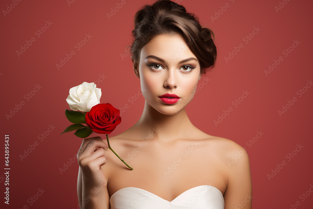 Young women standing in studio wearing wedding dress full photo with red rose, background is decorated with white rose flower, in the style of minimalistic modern, joyful and optimistic and crisp. Young women standing in studio wearing wedding dress full photo with red rose, background is decorated with white rose flower, in the style of minimalistic modern, joyful and optimistic and crisp.