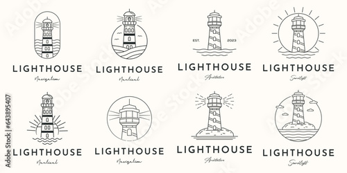 set of maritime lighthouse tower logo line art vintage vector illustration concept template icon design, collection of searchlight navigation with ocean view concept vector illustration logo design
