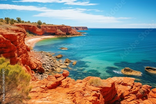 Scenic view of Shark Bay in Francois Peron National Park with red cliffs overlooking the ocean in Western Australia. Generative AI