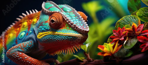 A beautifully colored chameleon perches on a vibrant leaf,  vivid hues in its natural rainforest ,Generated with AIhabitat. © Chanwit