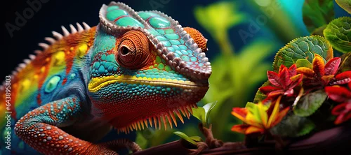 Obraz A beautifully colored chameleon perches on a vibrant leaf,  vivid hues in its natural rainforest ,Generated with AIhabitat.