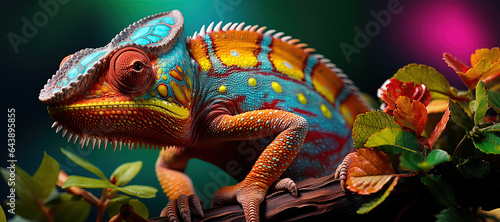 A beautifully colored chameleon perches on a vibrant leaf   vivid hues in its natural rainforest  Generated with AIhabitat.