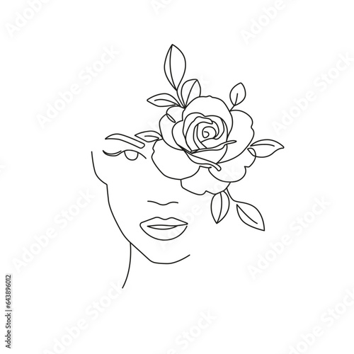 Woman Face with Flowers in Trendy Modern Linear Style. Female Beauty Art. Minimalist Outline Drawing for Wall Print, Poster, Cosmetics. Linear Floral Woman Head. Vector EPS 10. 