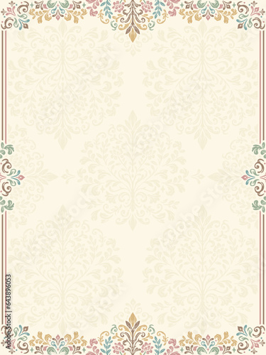 Vector design of postcard in pastel colors with luxurious ornaments. Invitation wedding card design with space for your text and vintage patterns.
