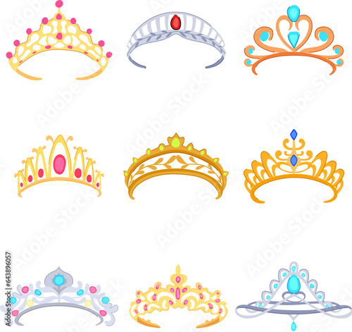 tiara set cartoon. queen jewelry, king girl, fashion logo tiara sign. isolated symbol vector illustration