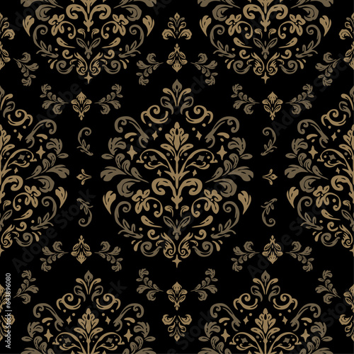 Brown And Gold Damask Seamless Vintage Pattern. Elegant Design in Royal Baroque Style Background Texture. Floral and Swirl Element. Brown Colors. Ideal for Textile Print and Wallpapers.