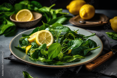 A Salad plate of spinach with lemons on it, Generative AI