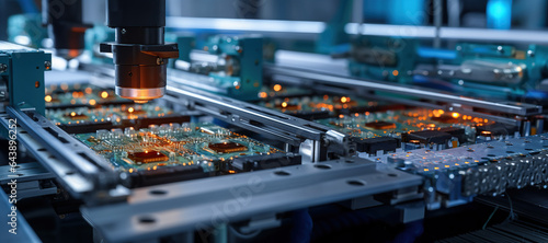 Component Installation and Quality Control of Circuit Board. Fully Automated PCB Assembly Line Equipped with High Precision Robot Arms at Electronics Factory. Generated with AI