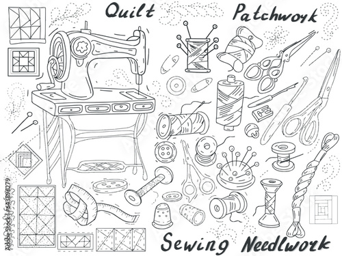 Sewing needlework embroidery large set doodle vector illustration line graphics sewing machine thread pins small details buttons