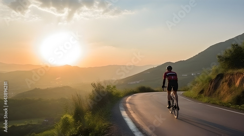 Young male cyclist riding a bike on a beautiful mountain path in the morning.