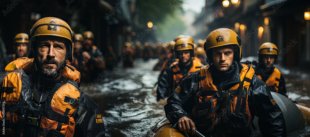 Fototapeta premium Rubber boat rescue team assisting people stranded on the roof of a flooded building amidst a severe storm and heavy rain