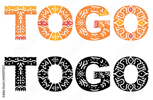 TOGO. Isolated patterned text with national ethnic ornament. Country name TOGO for social network, web resources, mobile app, games, clothing, t-shirt, banner, adv. Stock vector image