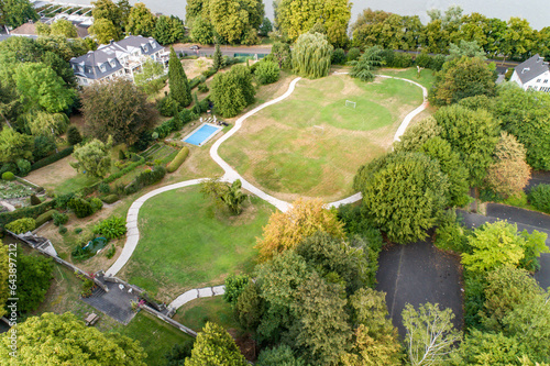 Aerial drone view of park in Bonn bad godesberg the former capital of Germany with typical german house neighbourhood