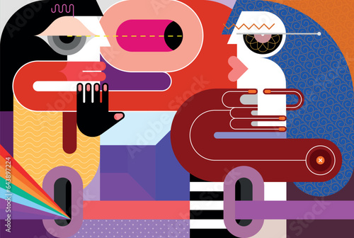 A woman and a man are talking and looking at each other. Modern art vector illustration of a couple of people.