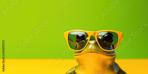 A frog wearing sunglasses in front of green background. Selective focus. With copy space.