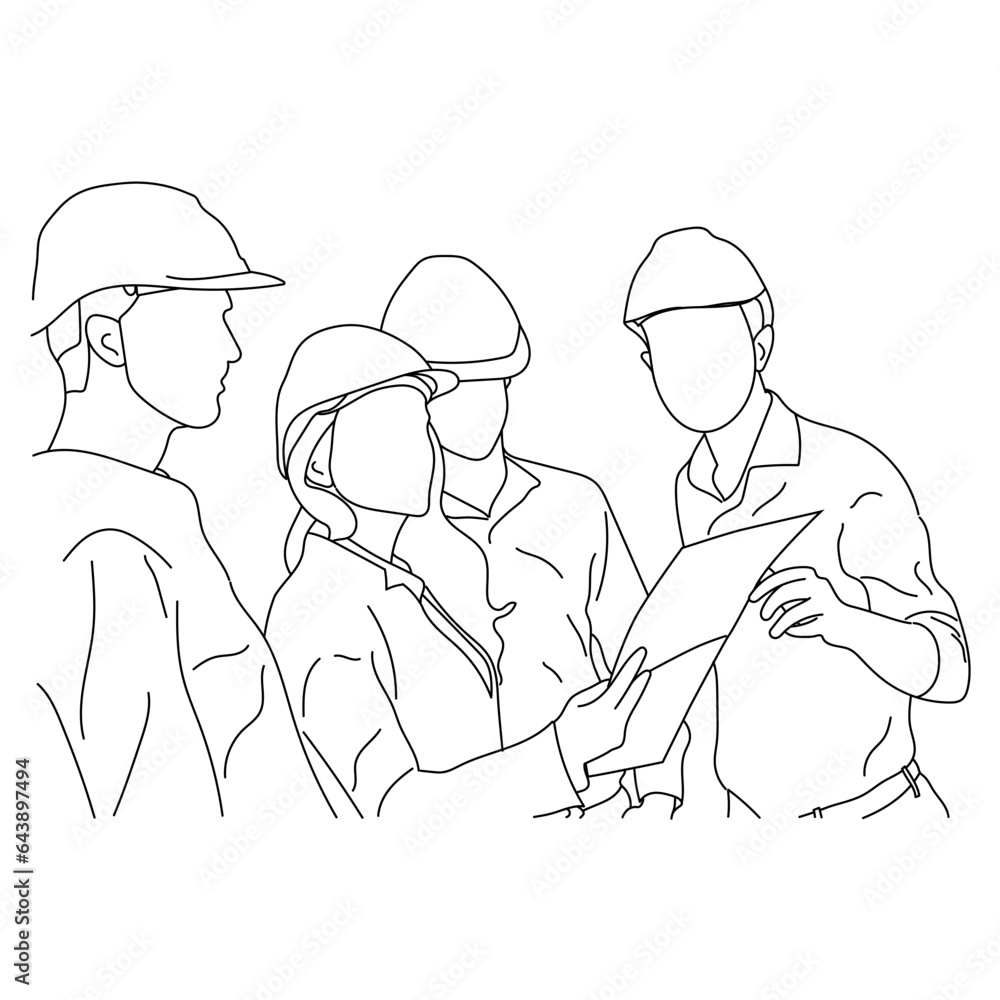 Line art of multiethnic architects working on construction plans in a meeting room