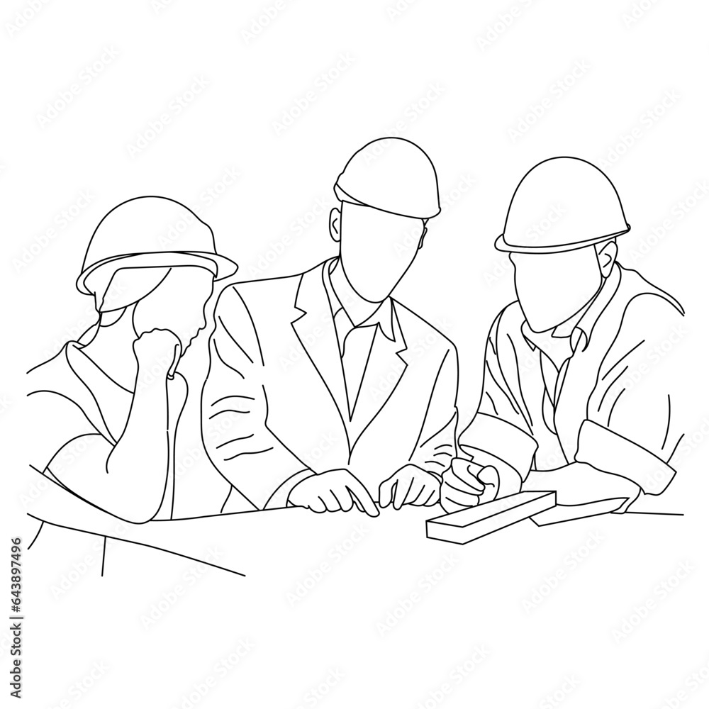 Line art of discussing construction projects in a meeting room isolated on a white background.