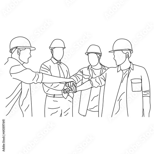 Line art of business, building, partnership, and people concept - smiling builders and architects in hard with a handshake 