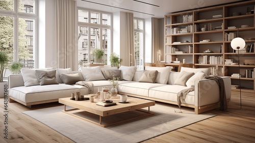 interior design of modern Scandinavian apartment living room with white sofa