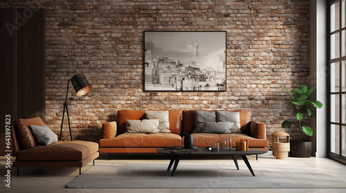 interior of living room with brown sofa 3d rendering © pjdesign
