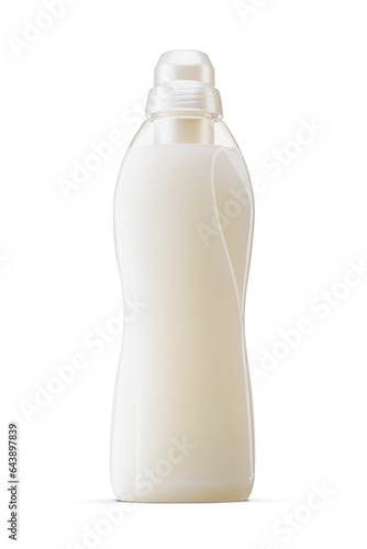 Laundry liquid detergent, cleaning agent, bleach or fabric softener plastic bottle with white cap, isolated. Transparent PNG image.