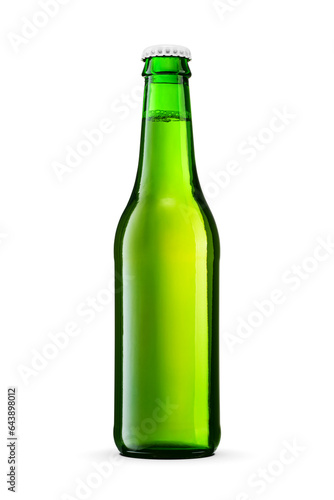 Green bottle of beer isolated with clipping path. Transparent PNG image.