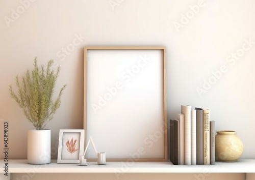 A neatly arranged shelf with decorative items and greenery