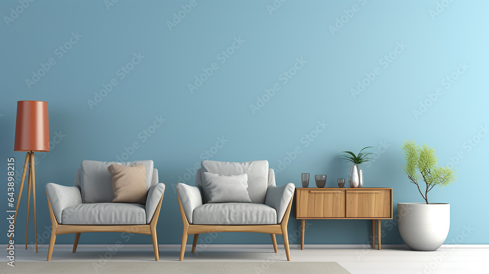 interior of modern living room with armchair and coffee table and blue wall interior of modern living room with armchair and coffee table and blue wall