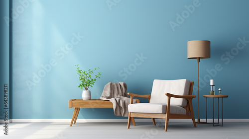 Fototapeta Naklejka Na Ścianę i Meble -  interior of modern living room with armchair and coffee table with blue wall and white floor