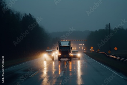 Rainy highway with a truck driving and lights on. Generative AI