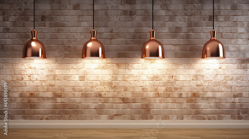 room with copper metal lamps over white brick wall 3d rendering