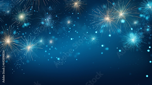 fireworks on blue background with stars and space for text