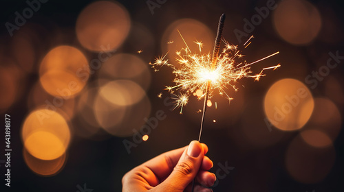 hand holding burning sparkler blast on a black bokeh background