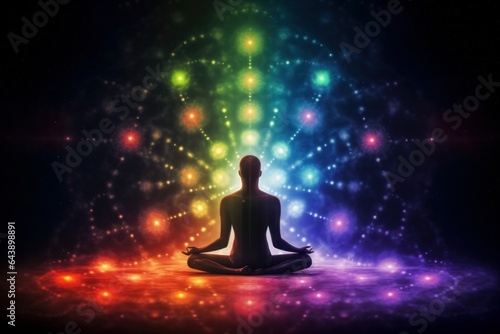 Human Practicing Yoga and Meditation with Stars Cosmic Universe, Harmony of Human Soul and Body, Chakra, Spirituality.