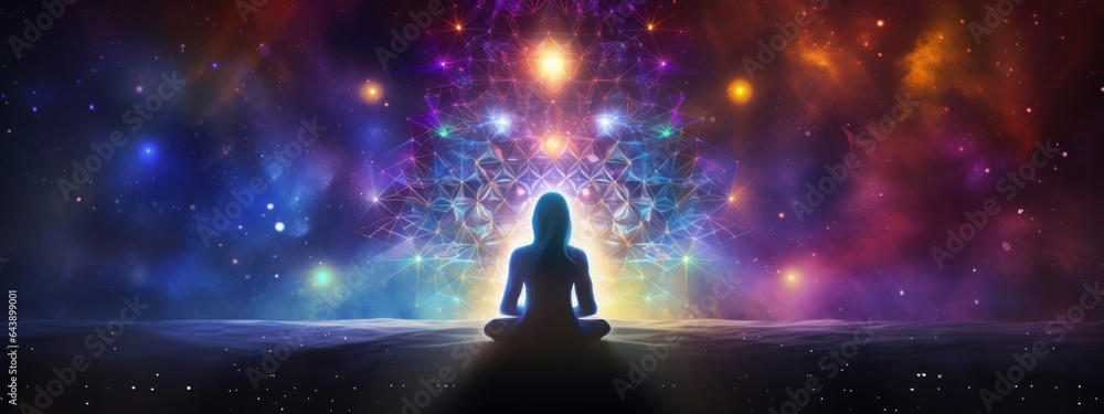Human Practicing Yoga and Meditation with Stars Cosmic Universe, Harmony of Human Soul and Body, Chakra, Spirituality. - obrazy, fototapety, plakaty 