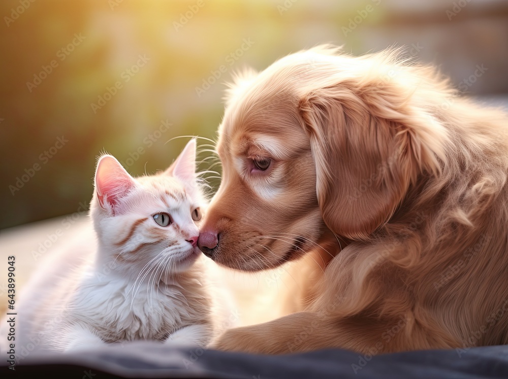 Animal friendship, cat and dog touching noses