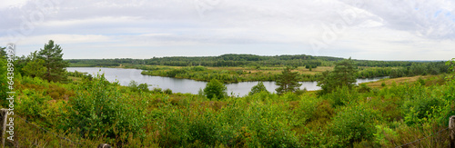 Wide panorama photo of a river winding through the woods.