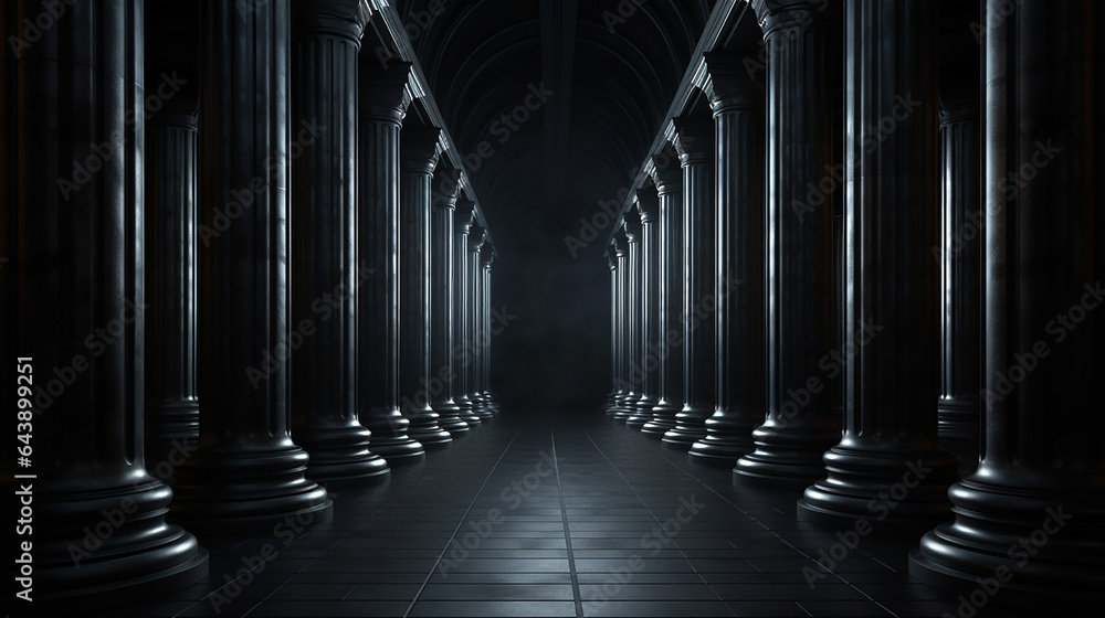 three dimensional render of rows of columns in dark hall