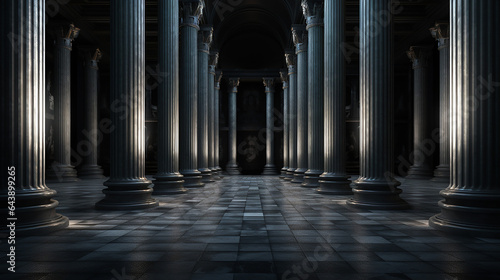 dark hall with three dimensional render of rows of columns