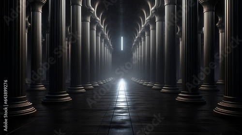 dark hall with three dimensional render of rows of columns photo