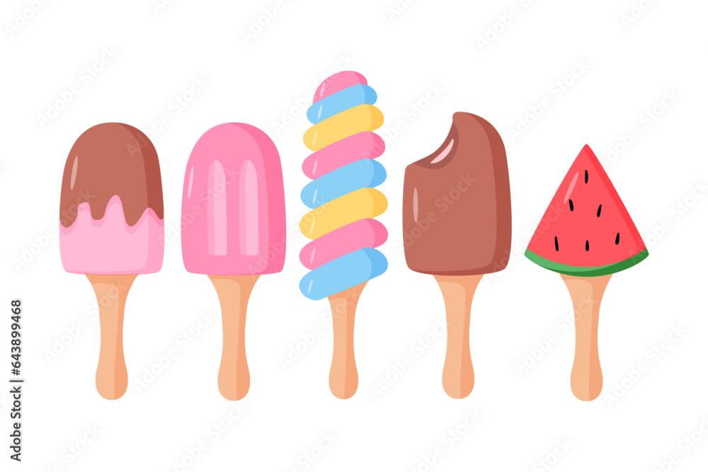 Ice cream and berries set of cartoon icons. Vector color illustration of summer desserts popsicles on a stick. Ice cream and berries set of cartoon icons. Vector color illustration of summer desserts popsicles on a stick.