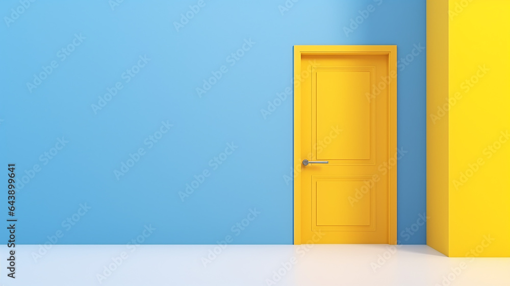 yellow blue background with open door 3d render