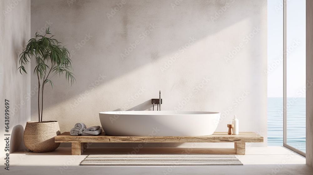 a white minimal bohemian Mediterrane concrete bathroom with bathtup 3d rendering a white minimal bohemian Mediterrane concrete bathroom with bathtup 3d rendering