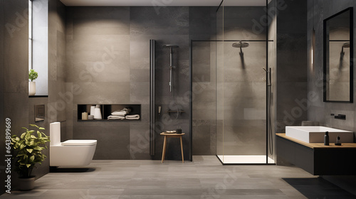 a grey minimal stone bathroom with a shower cabin and a toilet 3d rendering photo