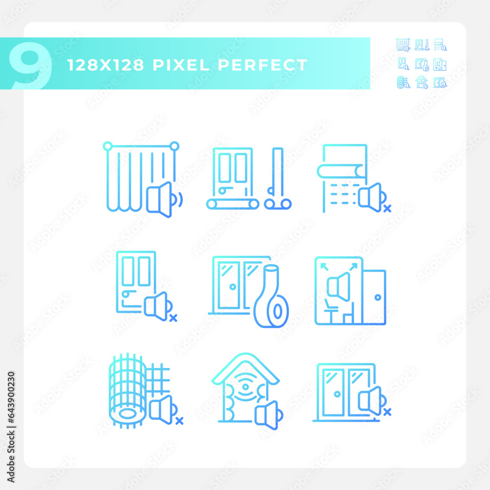 2D pixel perfect collection of icons representing soundproofing, gradient blue thin line illustration.